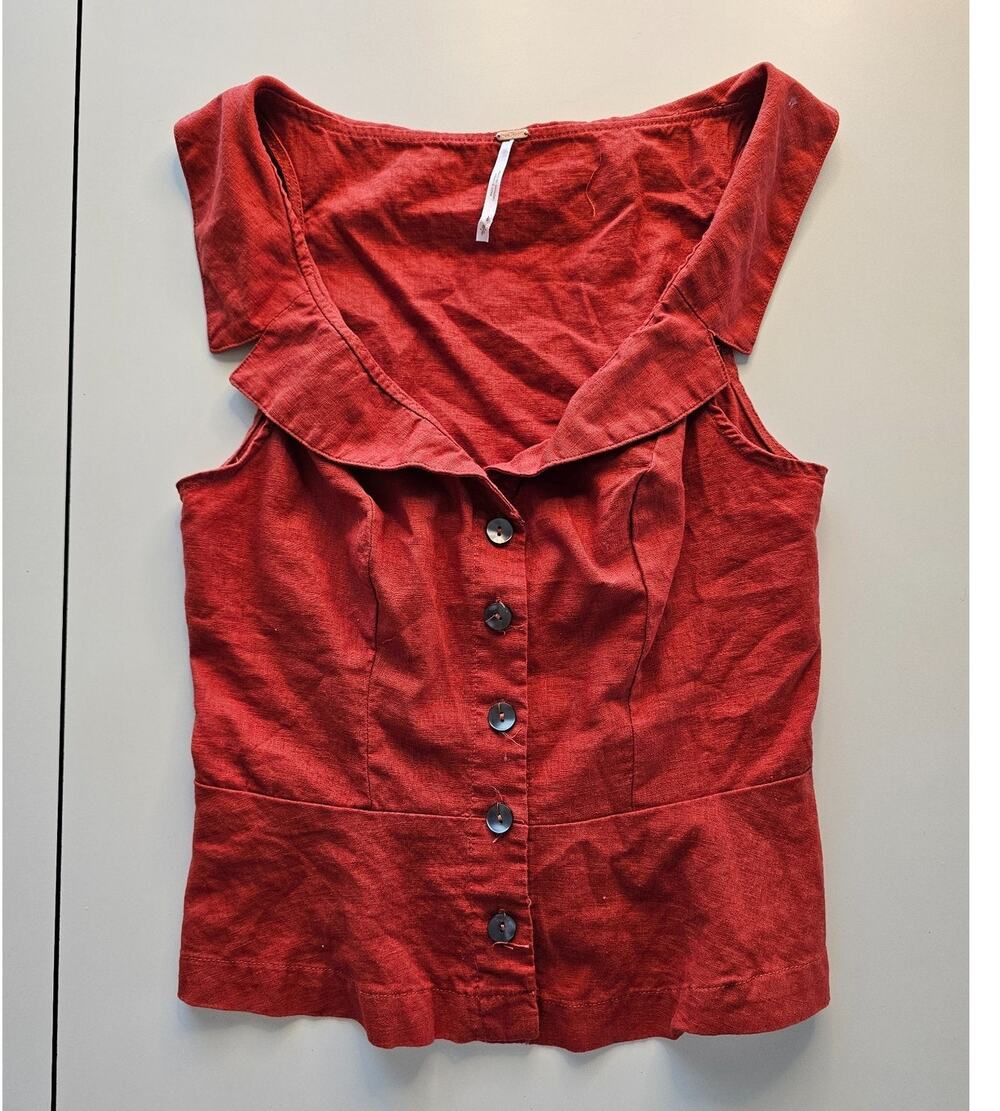Free People S Linen Cotton Peplum Top Medium Rust Red Ruffle Button Front Boho